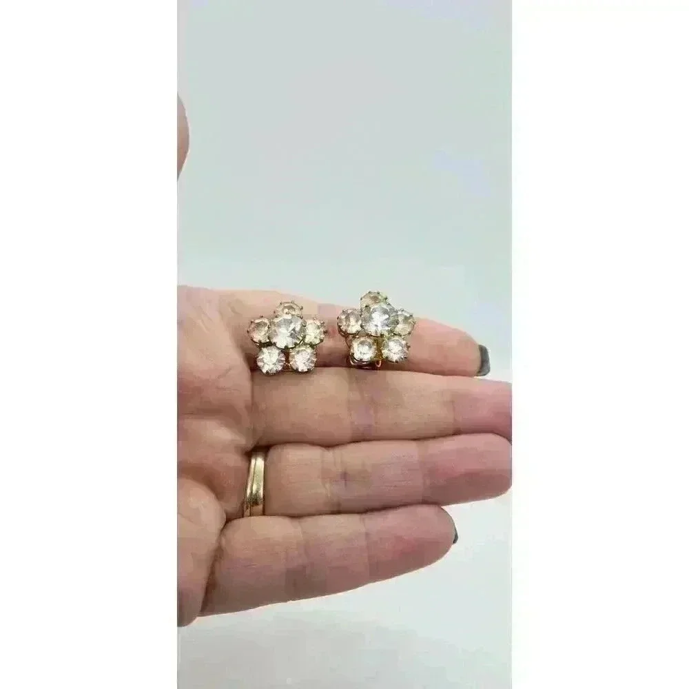 Vintage Earrings Clear Rhinestone Gold Clip Prong Set Austria Statement Bride